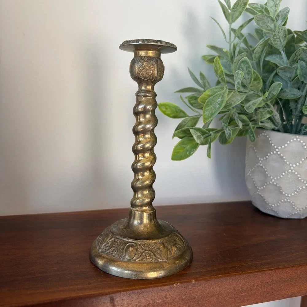 Vintage Made in England Brass Barley Twist Candlestick Holder Ornate Base 5.75in